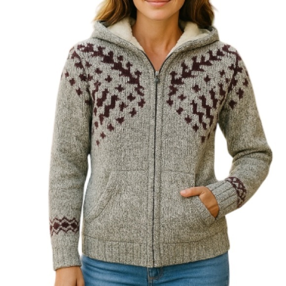 KISMET Grey Pattern Wool Sweater Jacket Sherpa Hood Western Knit Cabincore XS - Picture 1 of 14